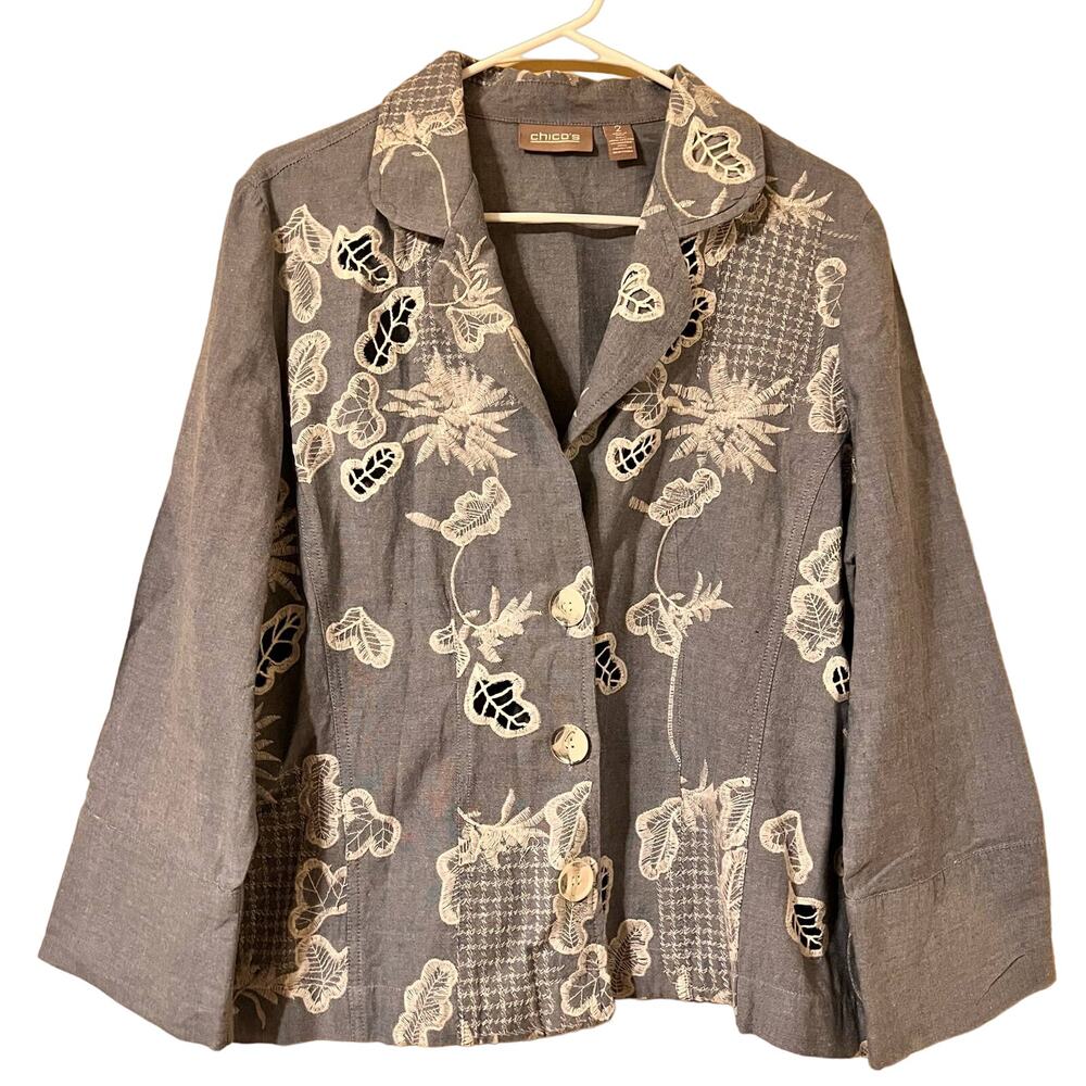 Chicos 1  Jacket Lt Blue White Embroidered Floral Button Blazer  3/4 Sl